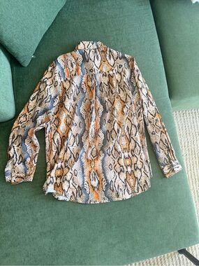 Snake Print Button-Up Blouse in Beige, Orange, Black